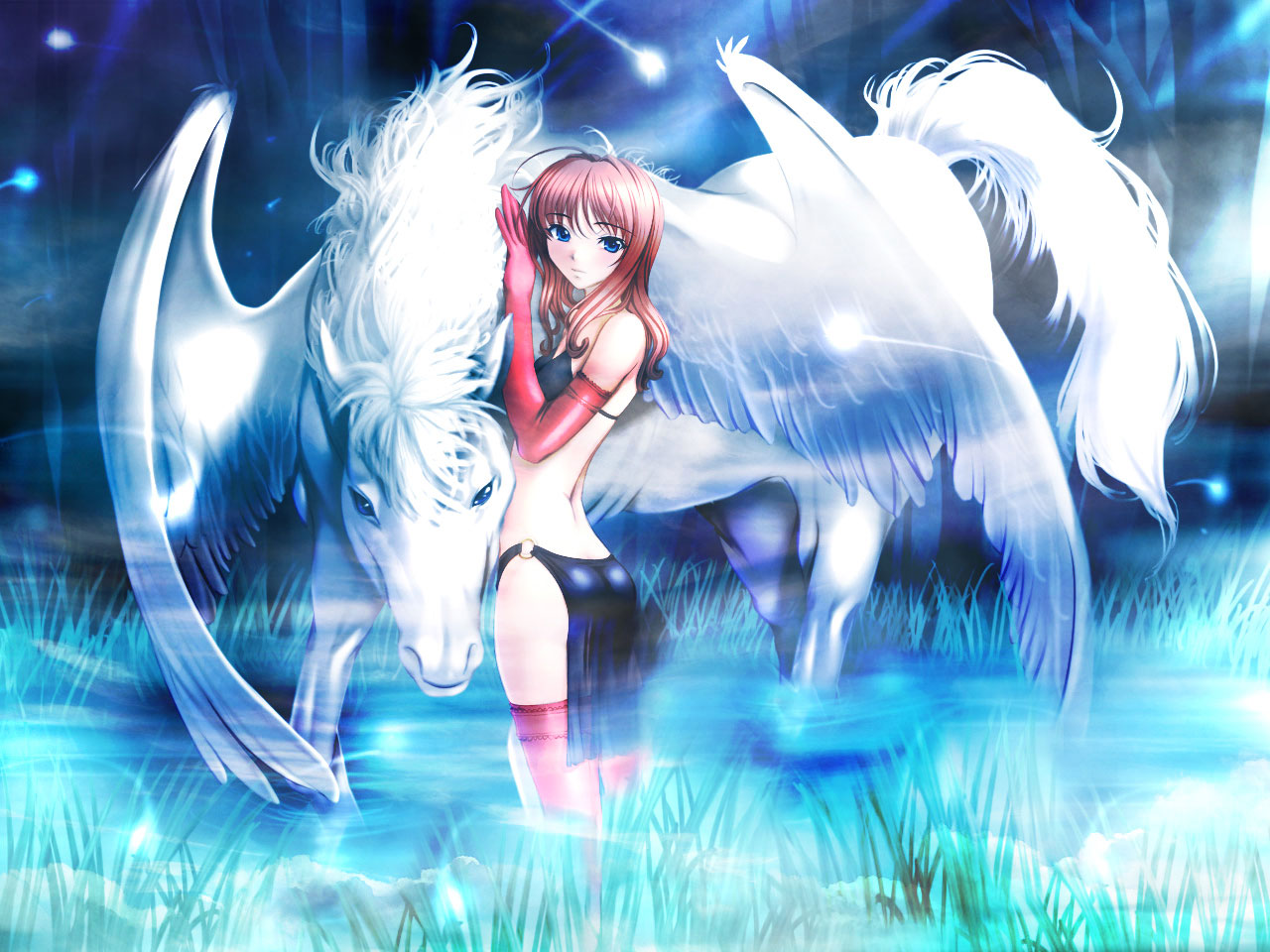 animal, ass, bikini, blue_eyes, game_cg, horse, pegasus, pink_hair