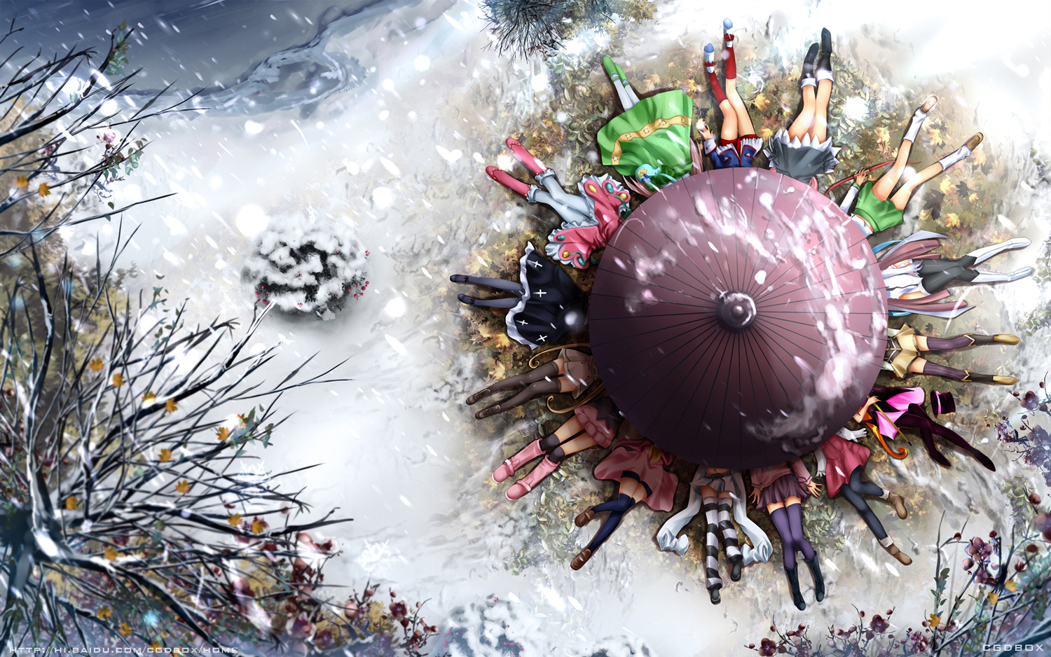crossover, dxlsmax_(lizhimin), girls_bravo, gokou_ruri, hanato_kobato, haneoka_meimi, hayate_no_gotoku, higashi_no_eden, higurashi_kagome, hikari_(pokemon), inuyasha, kamikaze_kaitou_jeanne, katsura_hinagiku, kimi_ga_aruji_de_shitsuji_ga_ore_de, kobato, kuonji_miyu, kuroki_manatsu, mahou_shoujo_madoka_magica, merry_nightmare, miharu_sena_kanaka, morimi_saki, nymph, ore_no_imouto_ga_konna_ni_kawaii_wake_ga_nai, pokemon, revolutionary_girl_utena, shihou_matsuri, shoujo_kakumei_utena, skirt, snow, sola, sora_no_otoshimono, tenjou_utena, thighhighs, tomoe_mami, umbrella, uta-kata, yumekui_merry