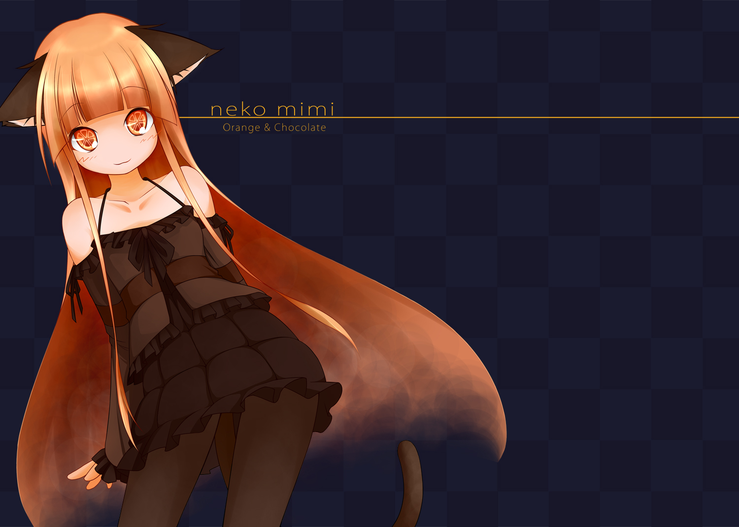 animal_ears, beigu, catgirl, cat_smile, long_hair, orange_eyes, orange_hair, original, pantyhose, skirt, tail