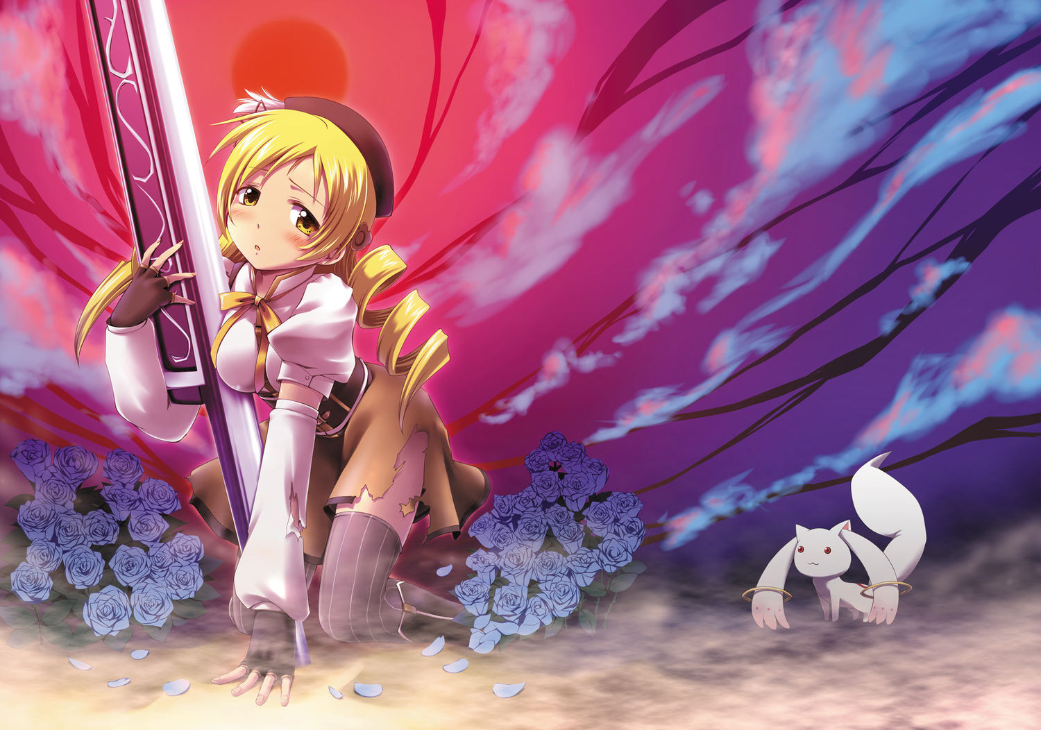 blonde_hair, flowers, gun, kyuubee, mahou_shoujo_madoka_magica, murasaki_kajima, thighhighs, tomoe_mami, torn_clothes, weapon