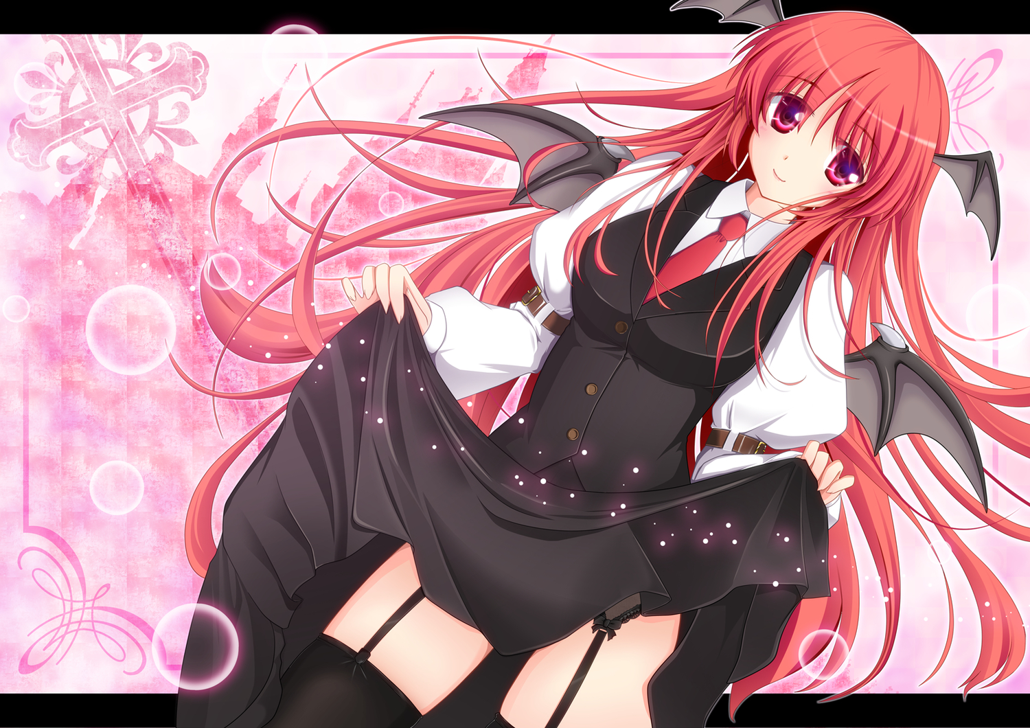 demon, dress, fule, koakuma, long_hair, red_eyes, red_hair, skirt, skirt_lift, thighhighs, touhou, wings