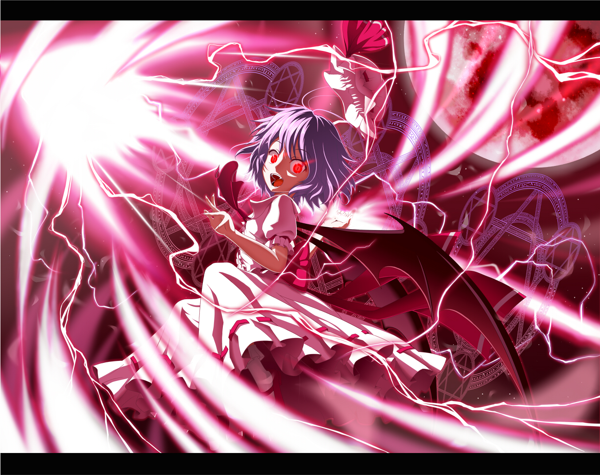 dress, fang, hat, magic, moon, mount_whip, purple_hair, red, red_eyes, remilia_scarlet, short_hair, touhou, vampire, weapon, wings