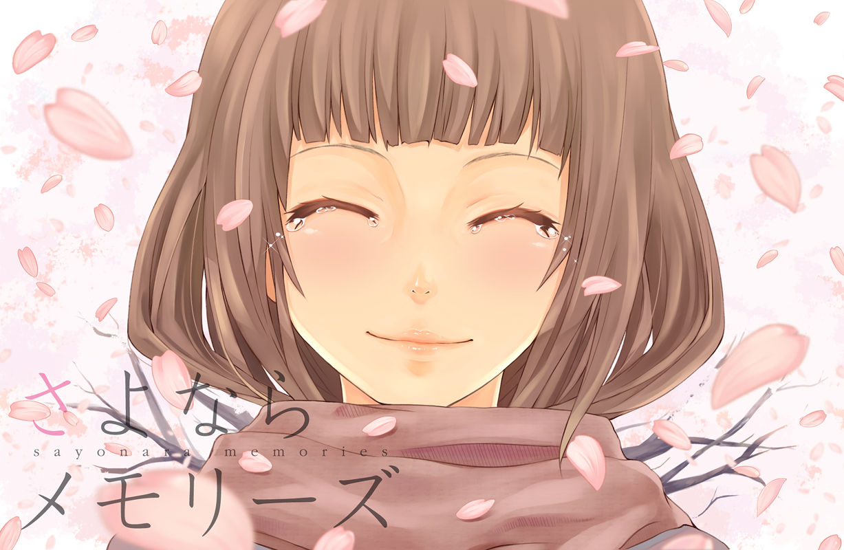 brown_hair, close, mitsunari, petals, sayoko, sayonara_memories, scarf, tears