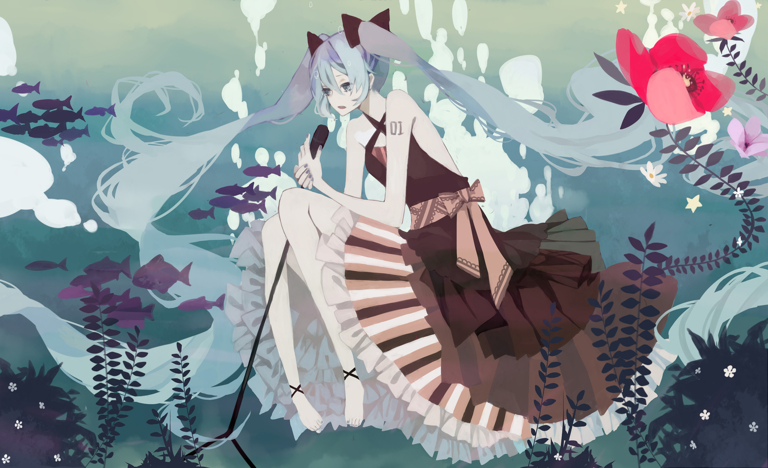anbivarens, animal, barefoot, dress, fish, flowers, hatsune_miku, twintails
