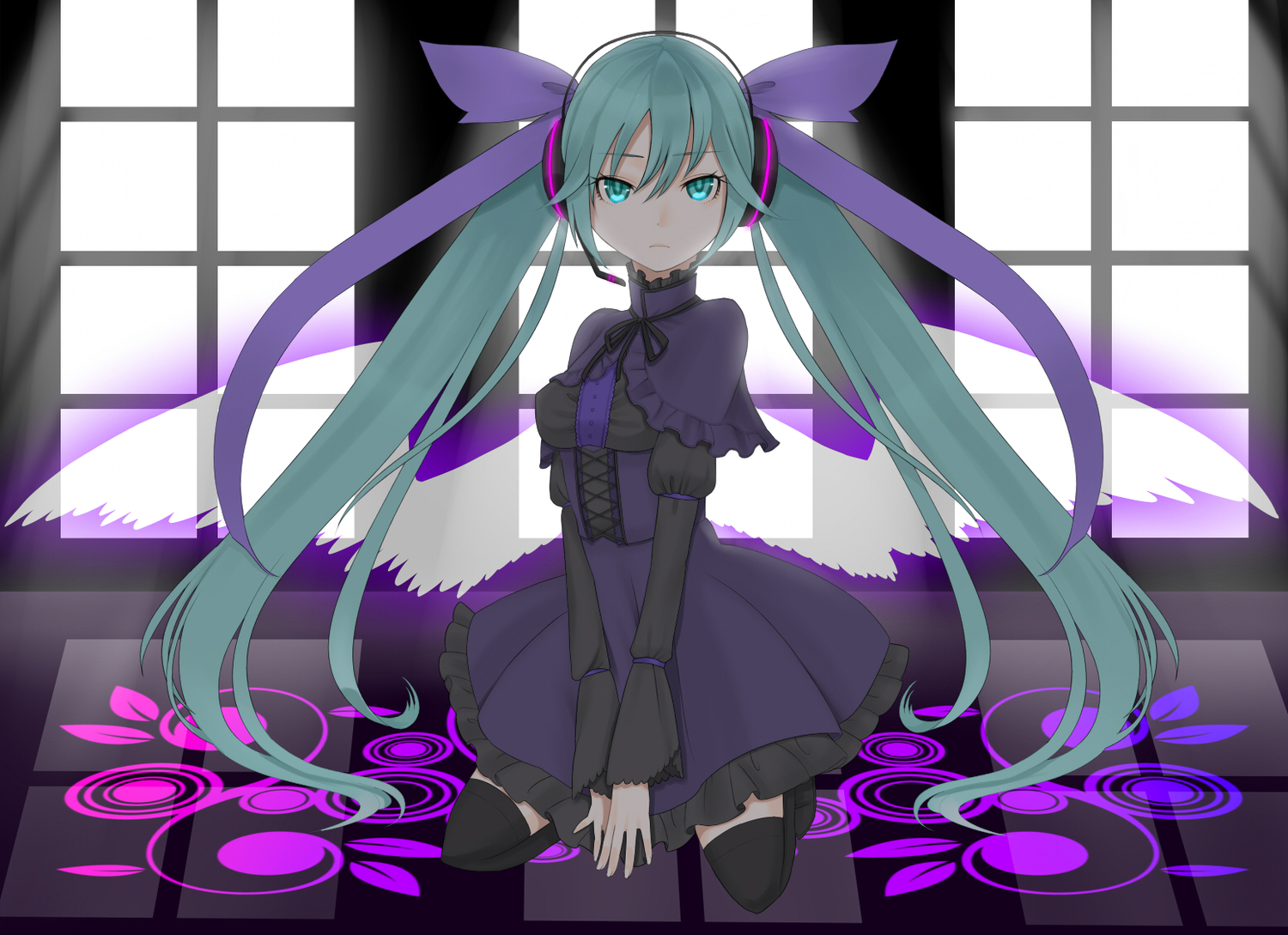 bow, dress, hatsune_miku, headphones, long_hair, puchiman, thighhighs, twintails, vocaloid, wings
