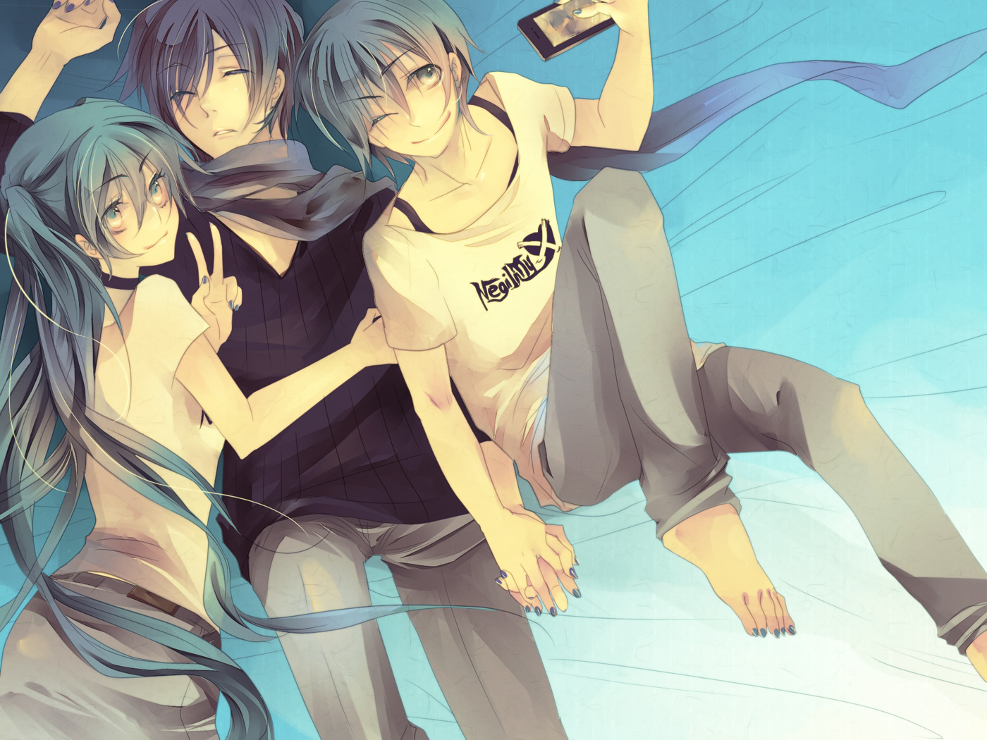 hatsune_miku, hatsune_mikuo, jikei, kaito, male, sleeping, vocaloid