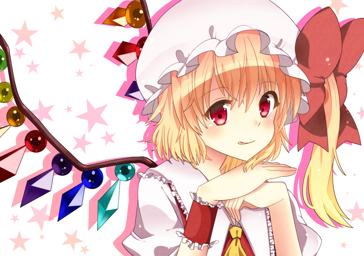 bajinappo, blonde_hair, bow, flandre_scarlet, hat, red_eyes, touhou, vampire, wings