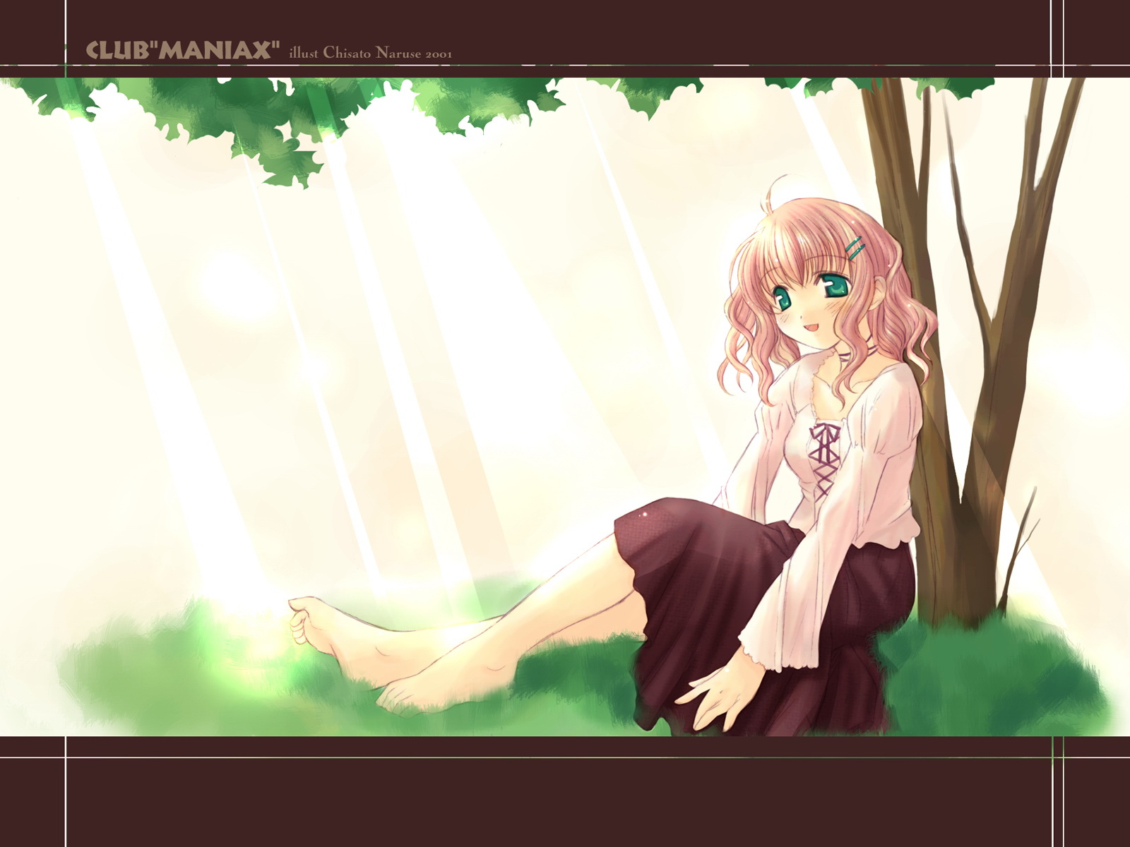 barefoot, blonde_hair, choker, club_maniax, grass, green_eyes, naruse_chisato, skirt