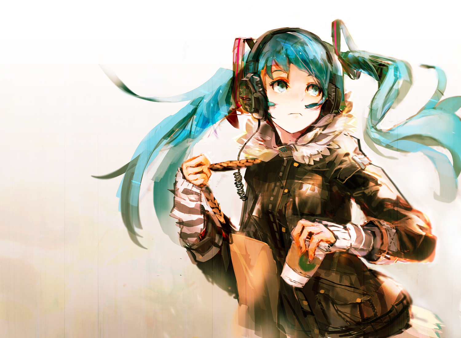 aqua_eyes, aqua_hair, hatsune_miku, headphones, long_hair, so-bin, twintails, vocaloid