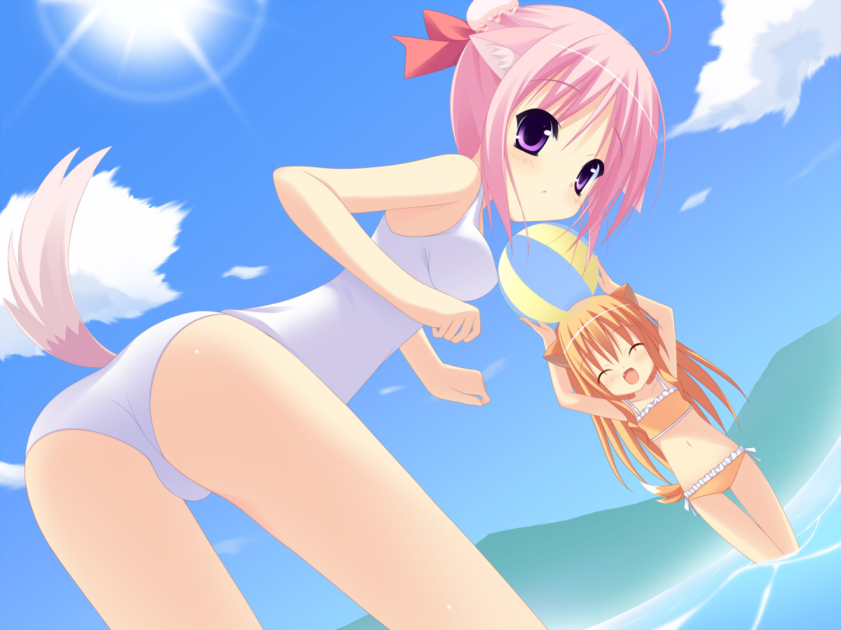 animal_ears, ass, clouds, dog_days, millhiore_f_biscotti, mizutsuki, pink_hair, purple_eyes, ricotta_elmar, sky, swimsuit, tail, water