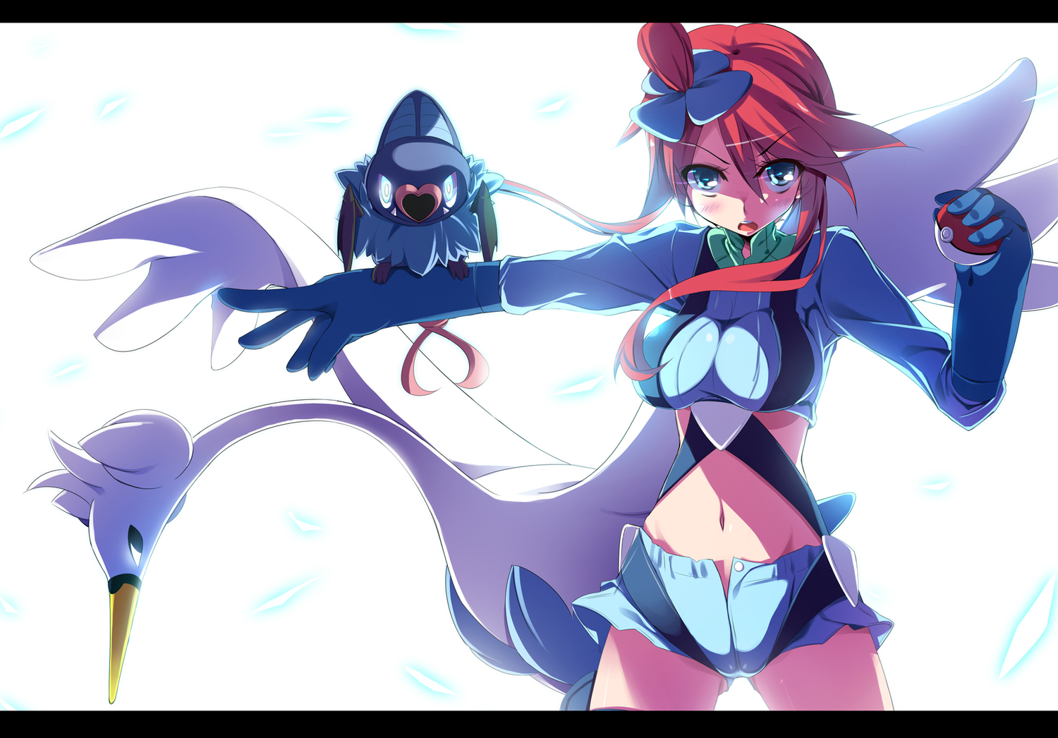 animal, bird, blue_eyes, blush, cameltoe, fuuro_(pokemon), gloves, nasudora, pokemon, red_hair, shorts, swana, white