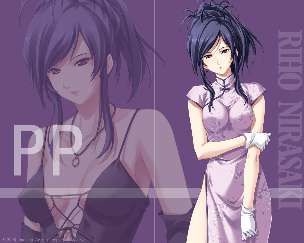 black_hair, chinese_clothes, chinese_dress, dress, game_cg, gloves, nirasaki_riho, pianissimo, purple_eyes, watermark, zoom_layer