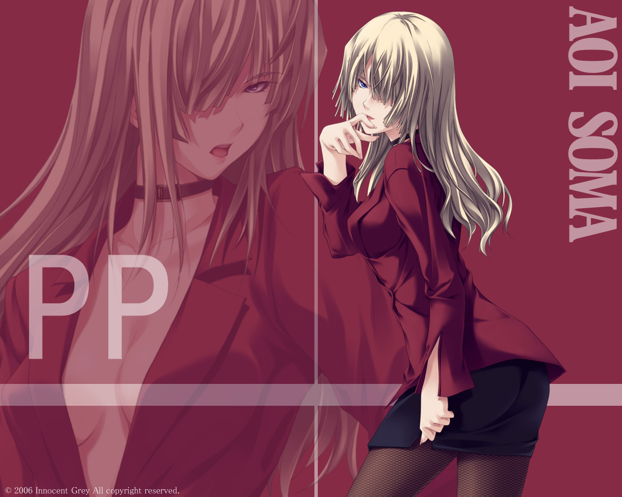blonde_hair, blue_eyes, collar, game_cg, long_hair, open_shirt, pianissimo, soma_aoi, watermark, zoom_layer