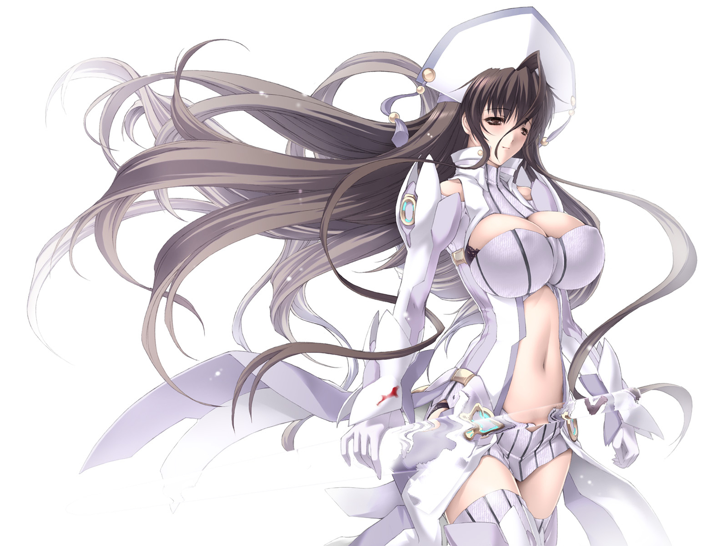 breasts, brown_eyes, brown_hair, cleavage, erect_nipples, long_hair, miss_black, phantasy_star_portable, thighhighs, weapon, white