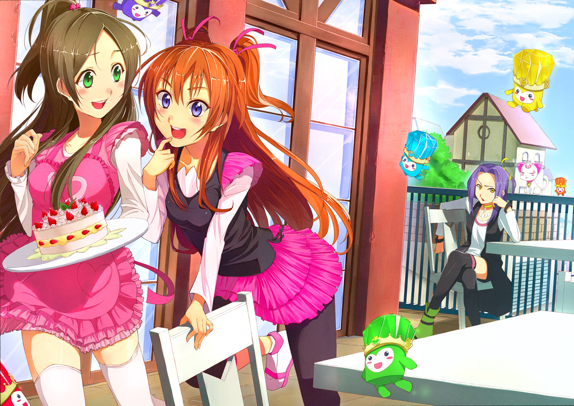 animal, cake, cat, choker, food, green_eyes, hamunohei, houjou_hibiki, minamino_kanade, precure, purple_eyes, purple_hair, red_hair, suite_precure, thighhighs, twintails