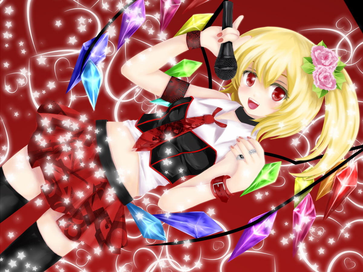 blonde_hair, flandre_scarlet, microphone, nekokotei, red_eyes, thighhighs, tie, touhou