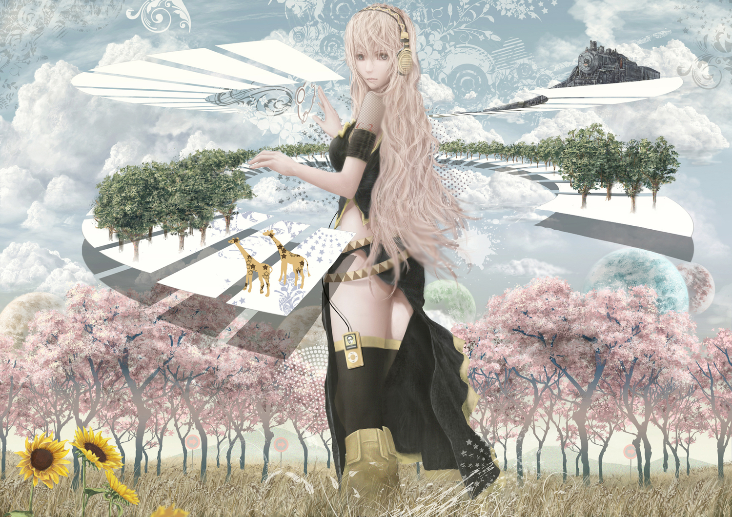 animal, cherry_blossoms, clouds, flowers, headphones, ipod, megurine_luka, pink_hair, sunflower, tamamono_atae, train, tree, vocaloid