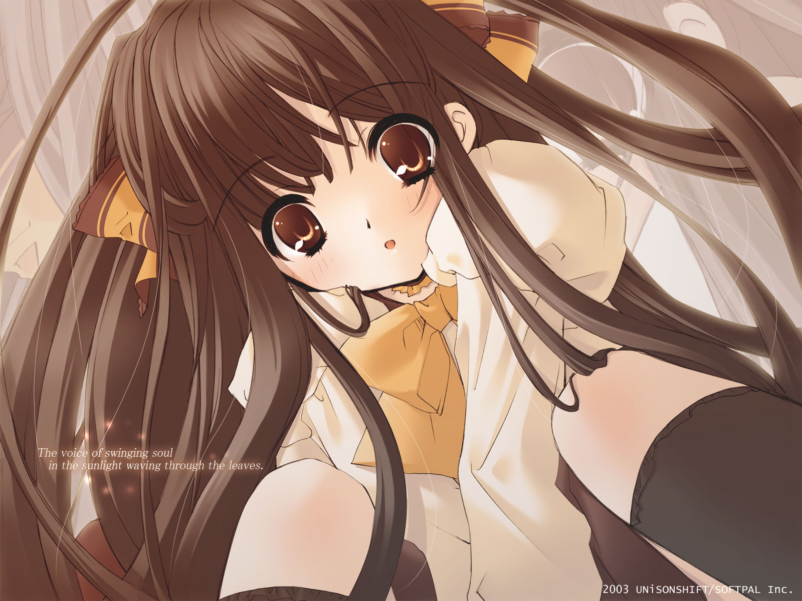 brown_eyes, brown_hair, itou_noiji, kneehighs, komorebi_ni_yureru_tamashii_no_koe, long_hair, ribbons, sui
