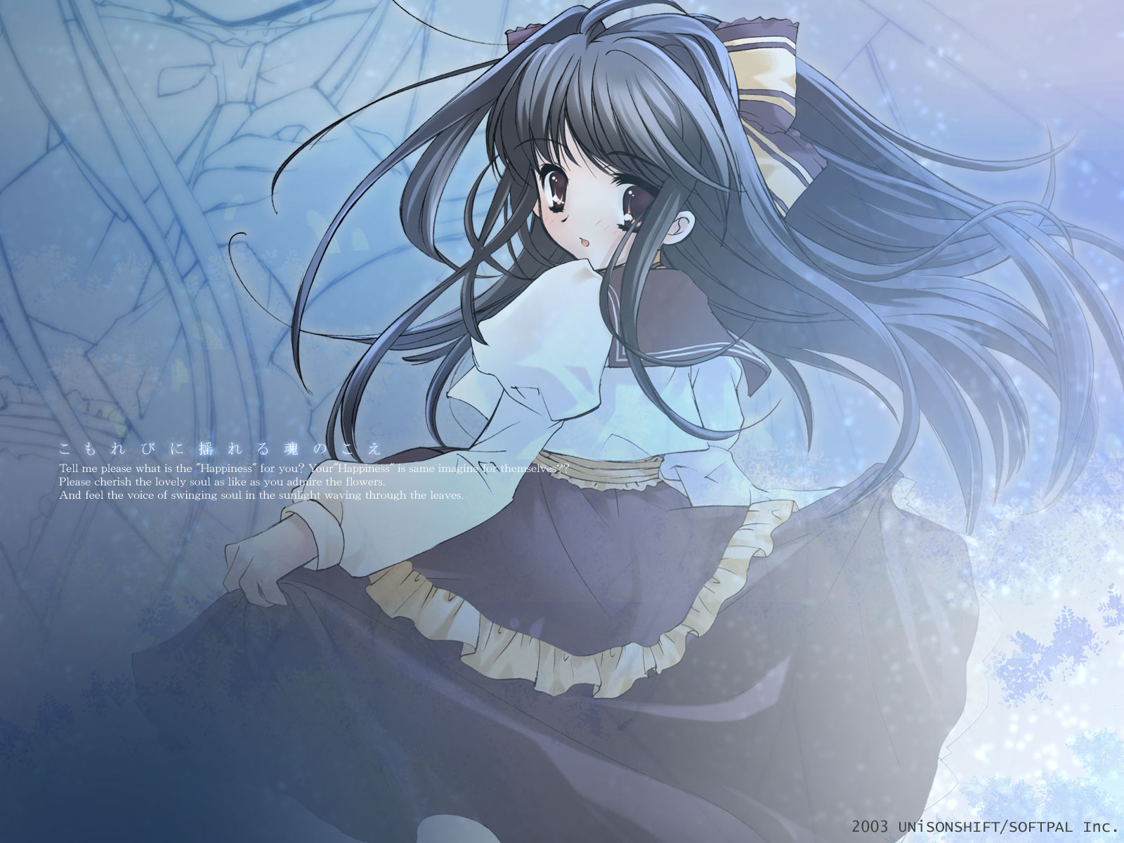 black_hair, brown_eyes, dress, itou_noiji, komorebi_ni_yureru_tamashii_no_koe, long_hair, ribbons, sui