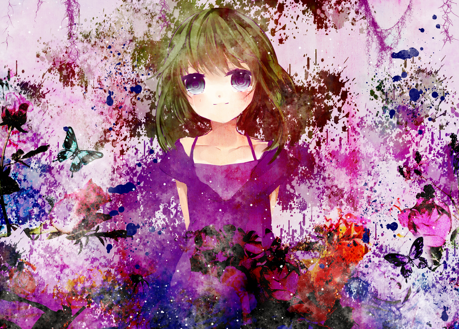 butterfly, dress, flowers, green_hair, gumi, hinanosuke, vocaloid