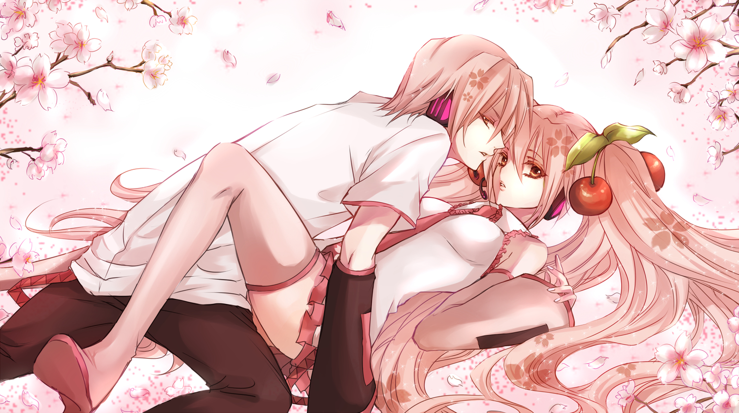 cherry, cherry_blossoms, flowers, food, fruit, hatsune_miku, hatsune_mikuo, headphones, mizuiro_tomato, petals, pink, pink_hair, sakura_miku, thighhighs, twintails, vocaloid