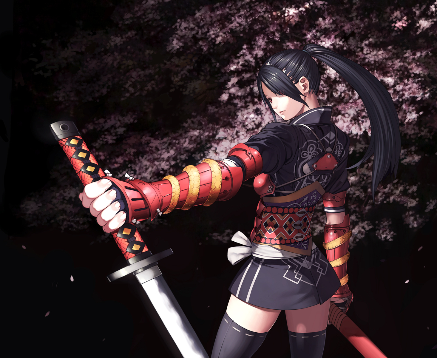 armor, black_hair, brown_eyes, cherry_blossoms, flowers, katana, kurumayama, original, red_eyes, samurai, sword, thighhighs, weapon, zettai_ryouiki