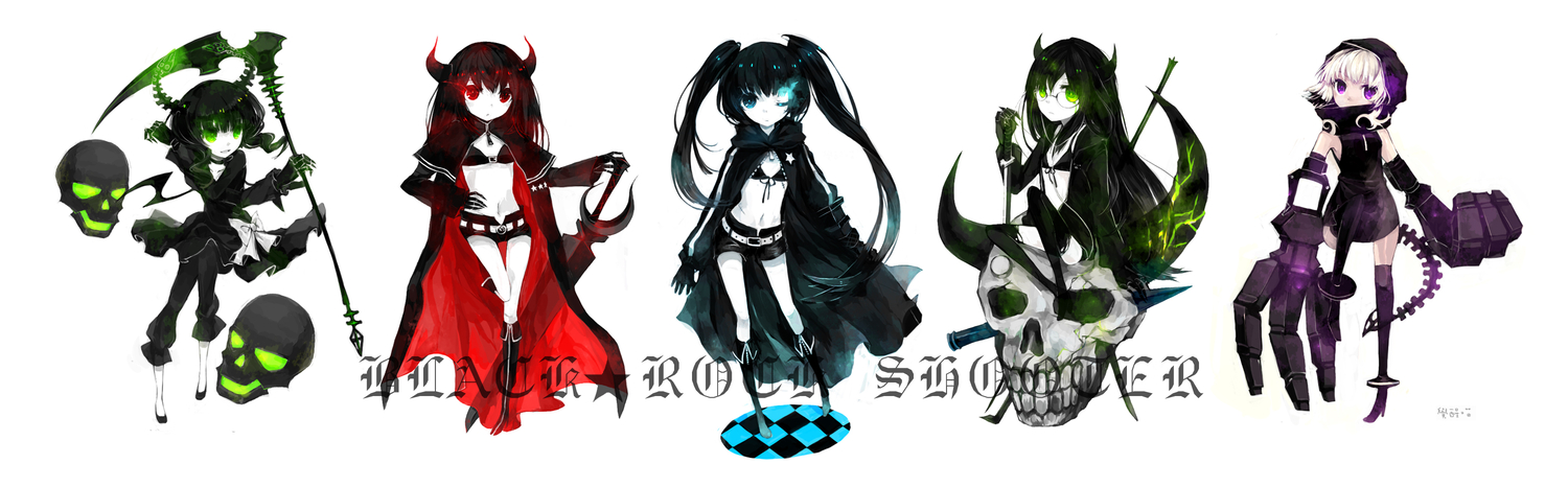 black_devil_girl, black_rock_shooter, cape, hood, horns, irino_saya, juexing_(moemoe3345), koutari_yuu, kuroi_mato, scythe, skull, takanashi_yomi, weapon, white