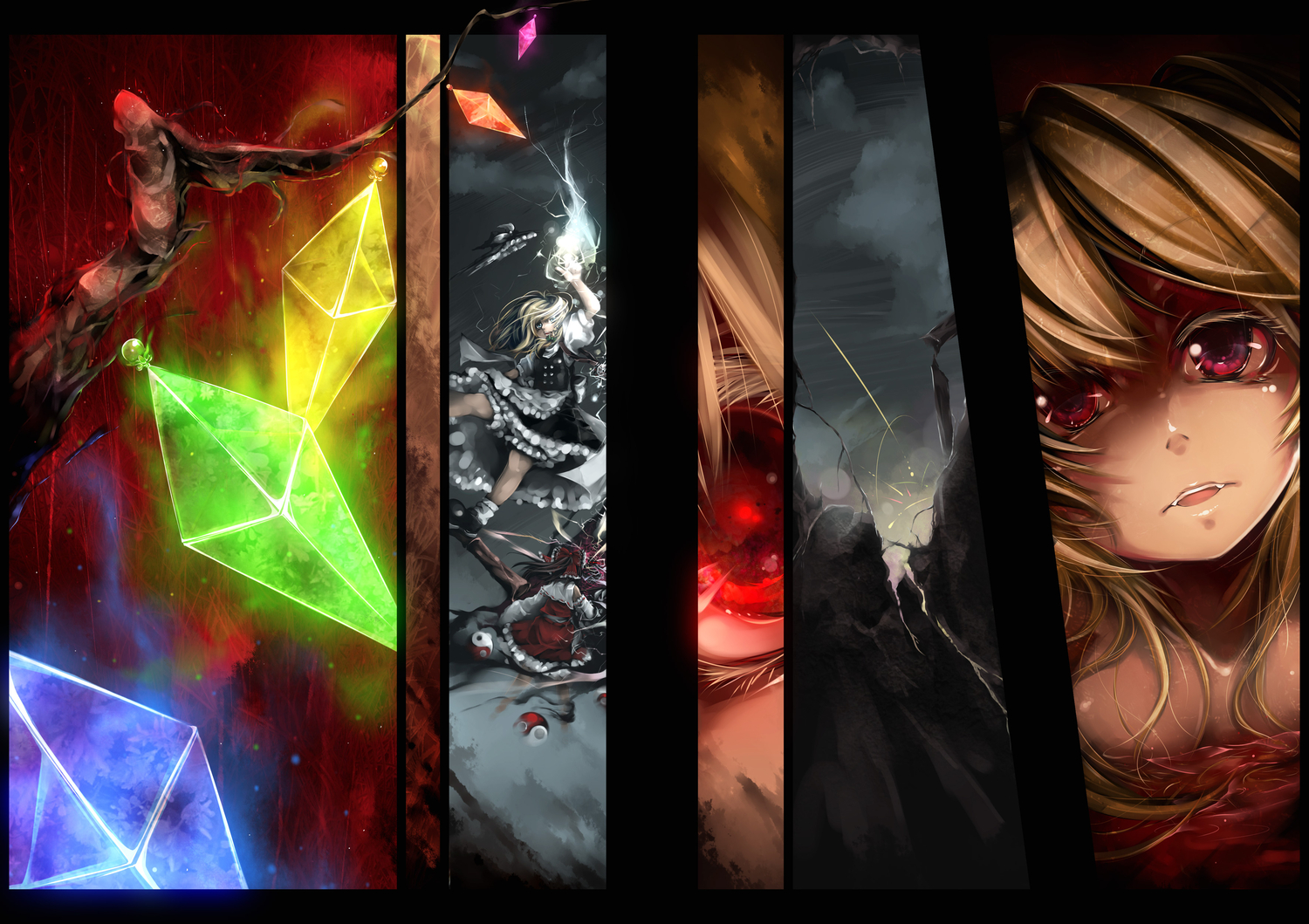 blonde_hair, flandre_scarlet, hakurei_reimu, hat, japanese_clothes, kirisame_marisa, miko, rain, red_eyes, serizawa_mutsuki, touhou, vampire, water, wings, witch