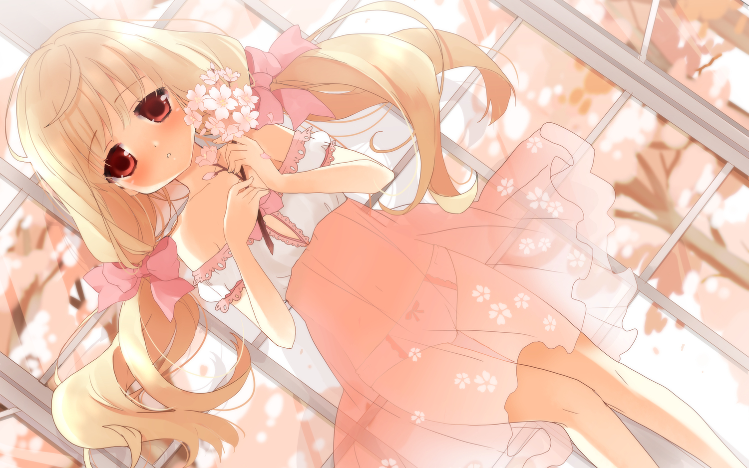 blonde_hair, blush, cafe_sourire, dress, flowers, kurot, long_hair, ogiwara_kyouko