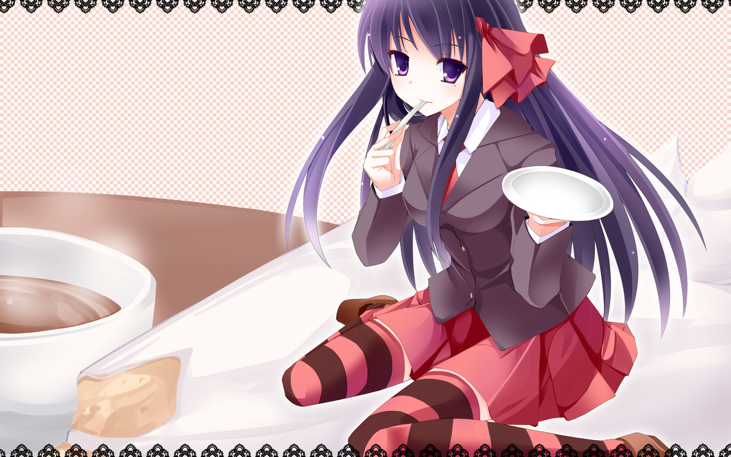 cafe_sourire, long_hair, mutou_kurihito, purple_eyes, purple_hair, school_uniform, thighhighs, yukishita_miyuri