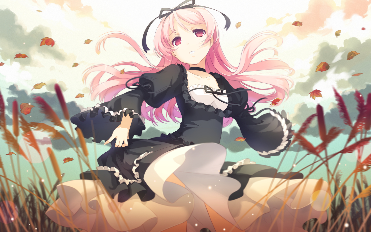 autumn, dress, garden_(galge), h2so4, himemiya_ruri, leaves, pink_hair