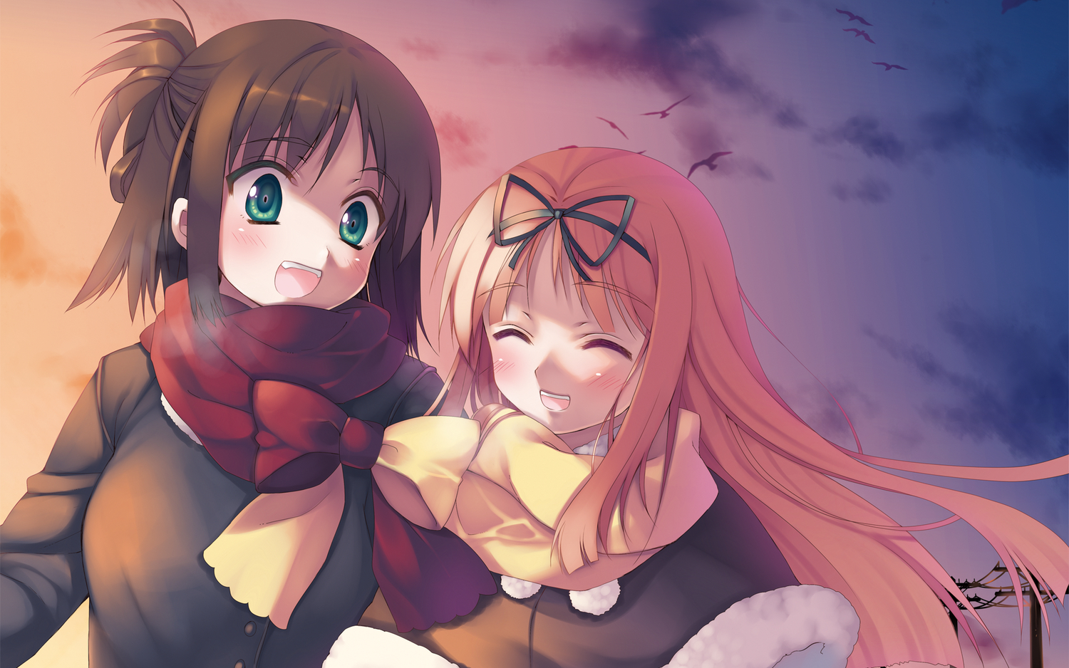 2girls, animal, bird, brown_hair, garden_(galge), green_eyes, himemiya_ruri, hoshino_erika