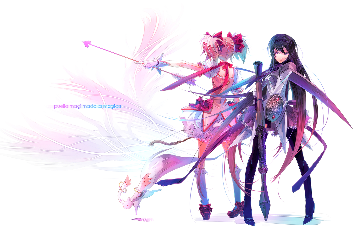 akemi_homura, kaname_madoka, kariya_(mizore), kyuubee, mahou_shoujo_madoka_magica, weapon, white