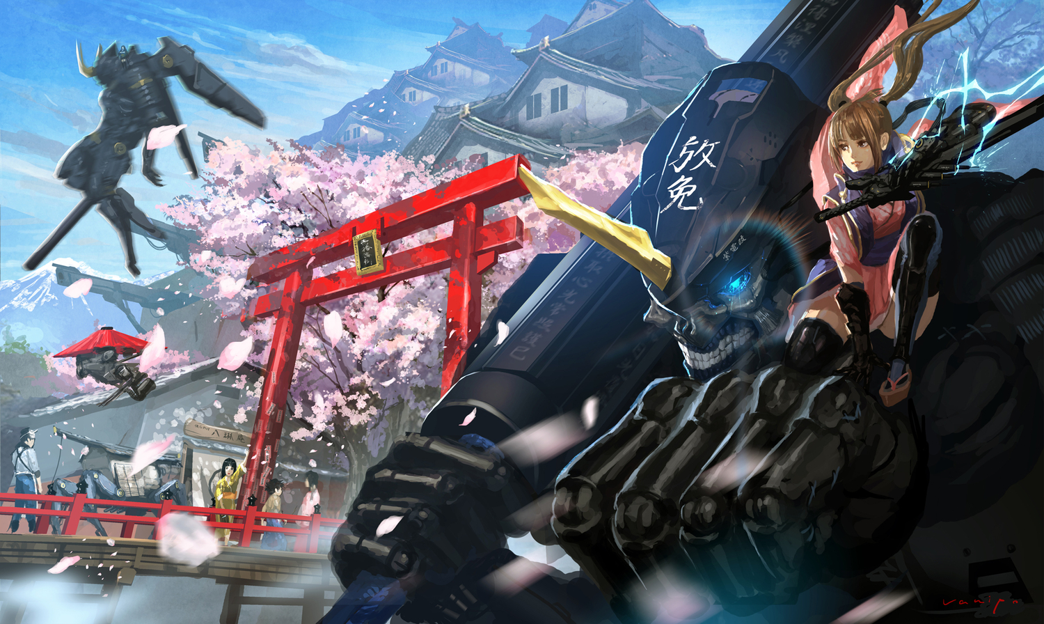 brown_eyes, brown_hair, cherry_blossoms, flowers, gun, japanese_clothes, kimono, mecha, original, petals, robot, thighhighs, torii, twintails, vanipo, weapon