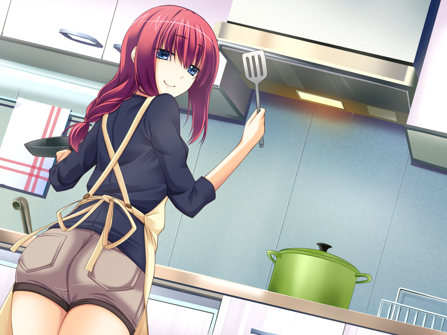 all-time, apron, blue_eyes, futsu_janai, game_cg, red_hair, sadawo, sakurazaki_kotoko