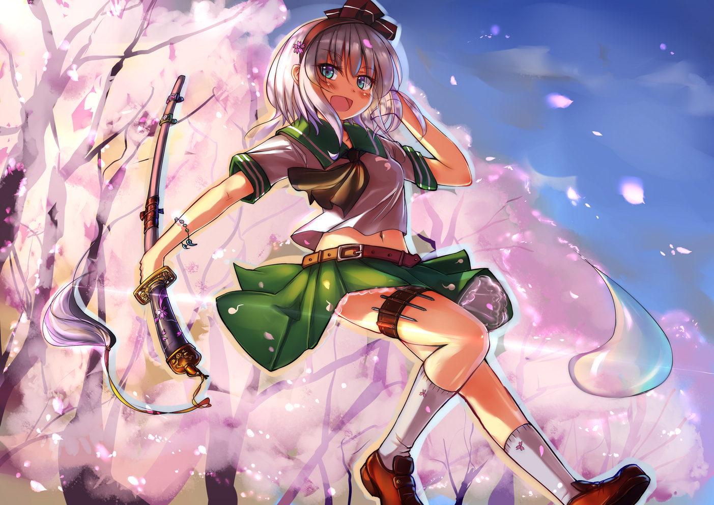 aqua_eyes, cherry_blossoms, flowers, gogetu, katana, konpaku_youmu, myon, petals
