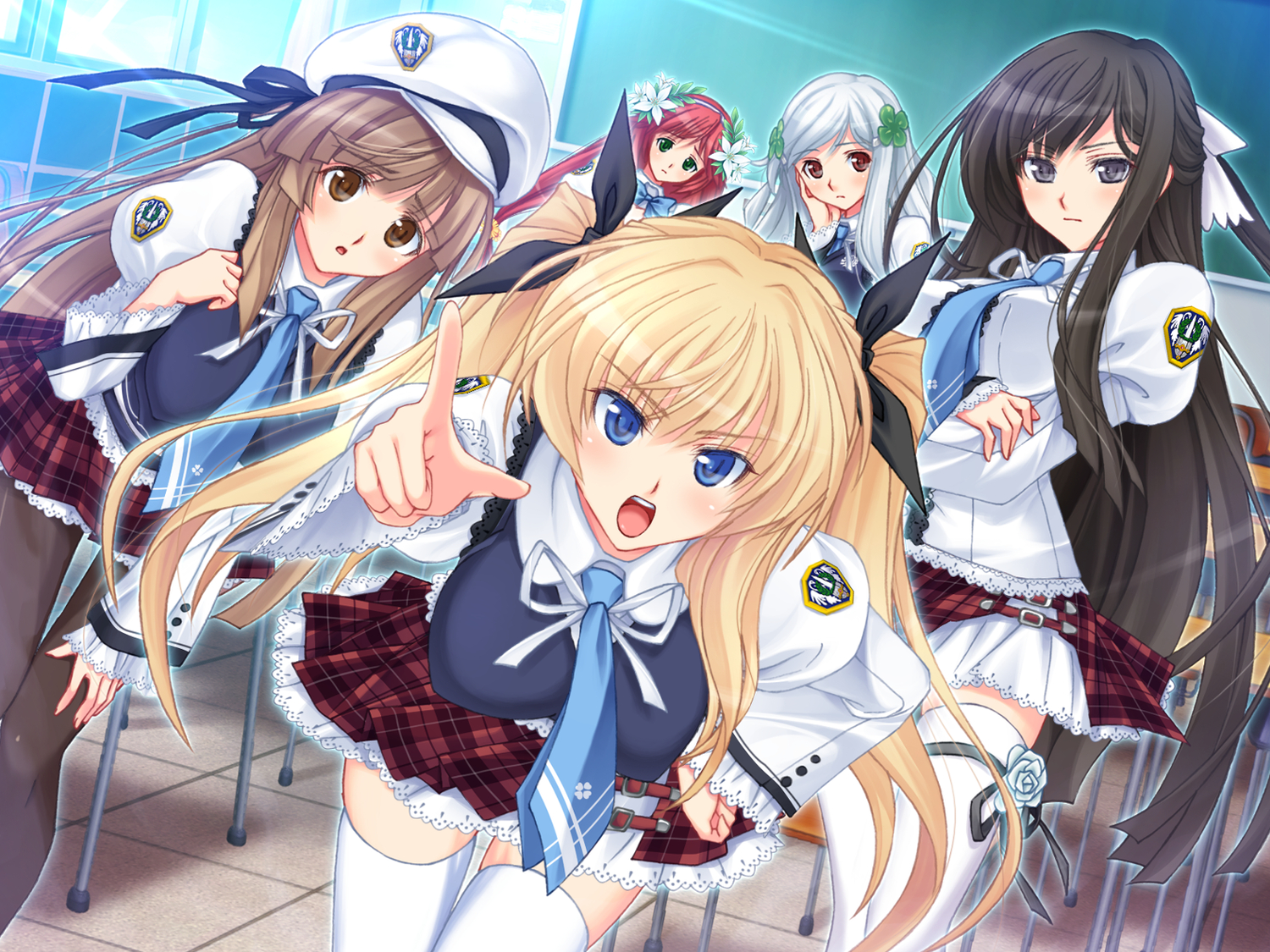 aisaka_tsugumi, black_hair, blonde_hair, brown_hair, game_cg, gray_hair, group, kudoriya_fuuka, mikagura_setsu, nonoyama_kotoko, red_hair, renai_saimin, school_uniform, tendou_chizuru, thighhighs, tie
