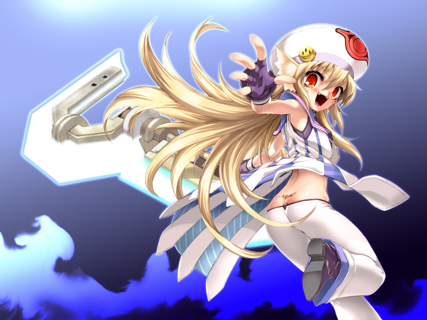 animal_ears, blonde_hair, hat, miss_black, phantasy_star_portable, red_eyes, tattoo