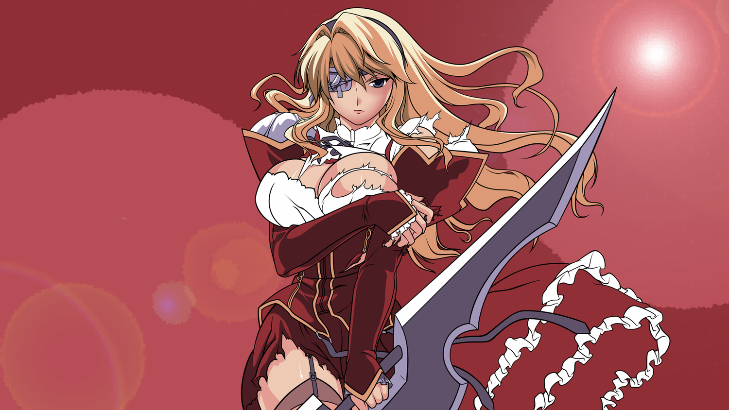 breasts, bridget_satellizer, cleavage, eyepatch, freezing, red, third-party_edit, torn_clothes