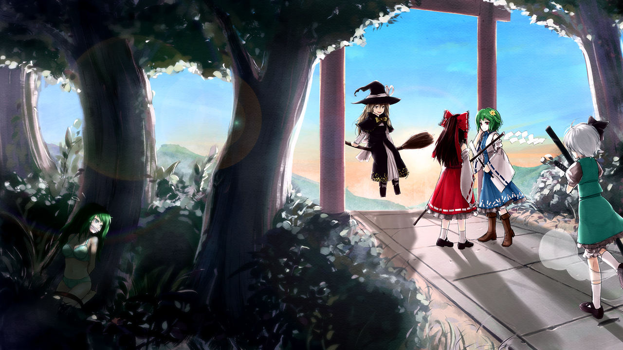 blonde_hair, bondage, brown_hair, gag, green_hair, group, hakurei_reimu, japanese_clothes, kazami_yuuka, kirisame_marisa, kochiya_sanae, konpaku_youmu, lo_(rogu_ryouiki), miko, myon, shade, touhou, witch