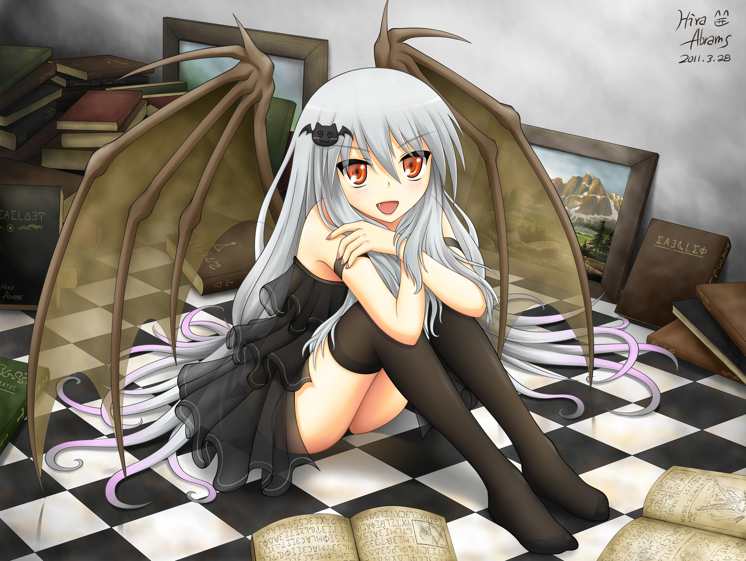 book, hira_(zlpabrams), long_hair, red_eyes, tagme, thighhighs, white_hair, wings