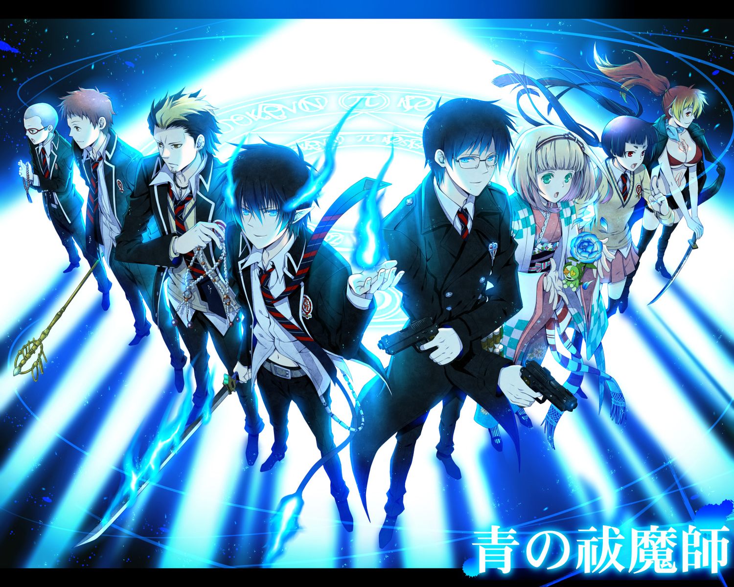 ao_no_exorcist, black_hair, blonde_hair, breasts, cleavage, green_eyes, group, gun, kamiki_izumo, kirigakure_shura, male, miwa_konekomaru, moriyama_shiemi, navel, nii_(ao_no_exorcist), okumura_rin, okumura_yukio, pointed_ears, shima_renzou, staff, suguro_ryuji, sword, tie, weapon, yuuno_(yukioka)