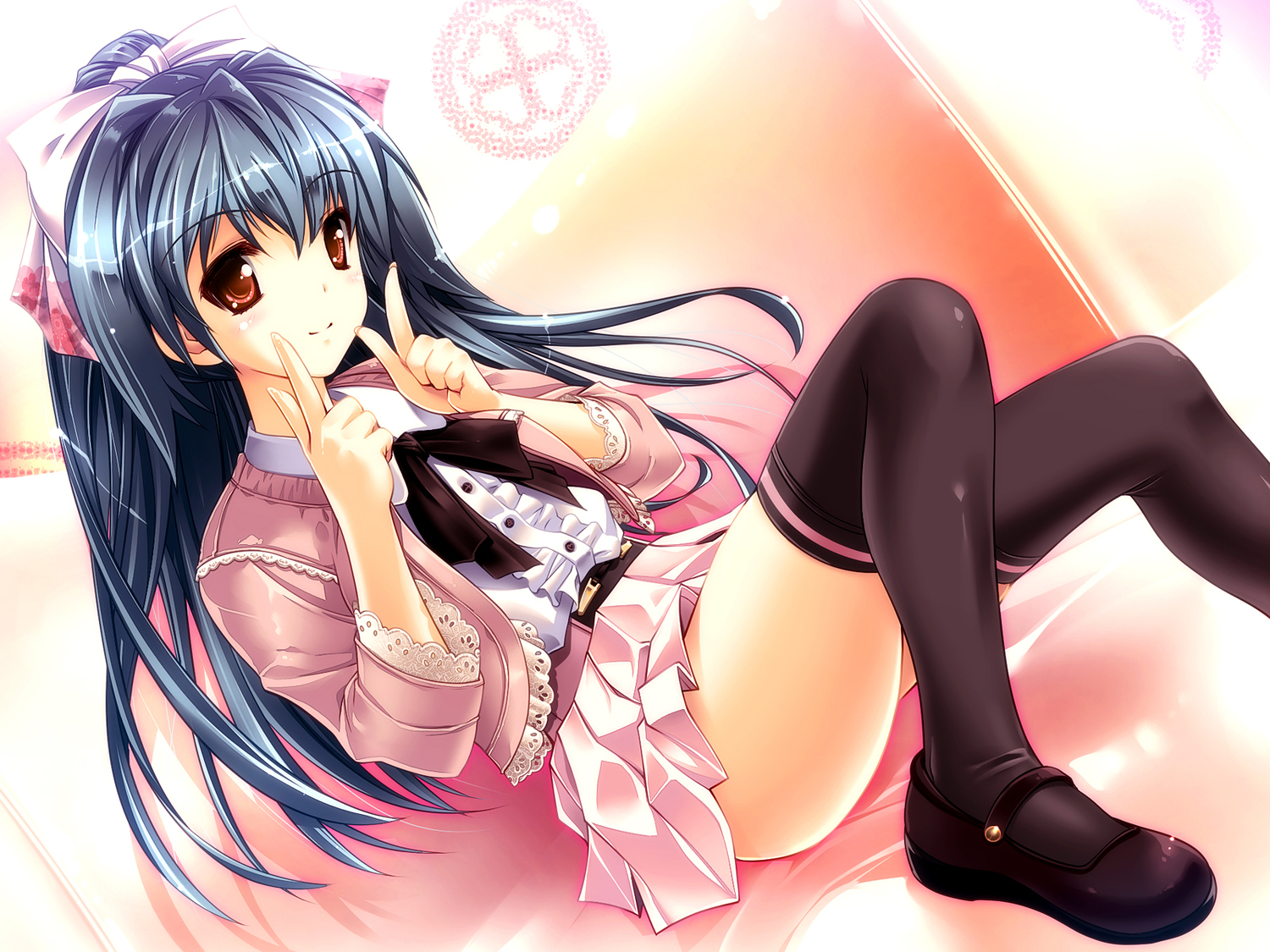 blue_hair, bow, long_hair, original, ponytail, rakujin, red_eyes, ribbons, skirt, thighhighs