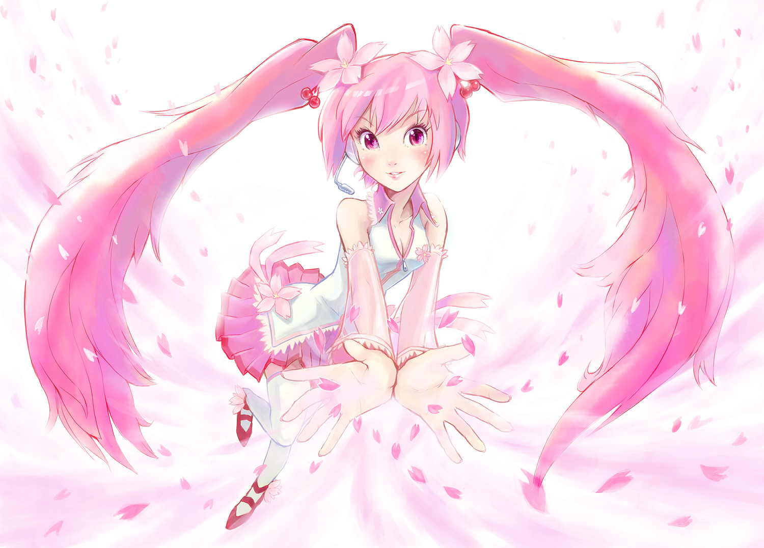 breasts, cleavage, dress, hatsune_miku, long_hair, petals, pink_eyes, pink_hair, sakura_miku, shirokichi, twintails, vocaloid