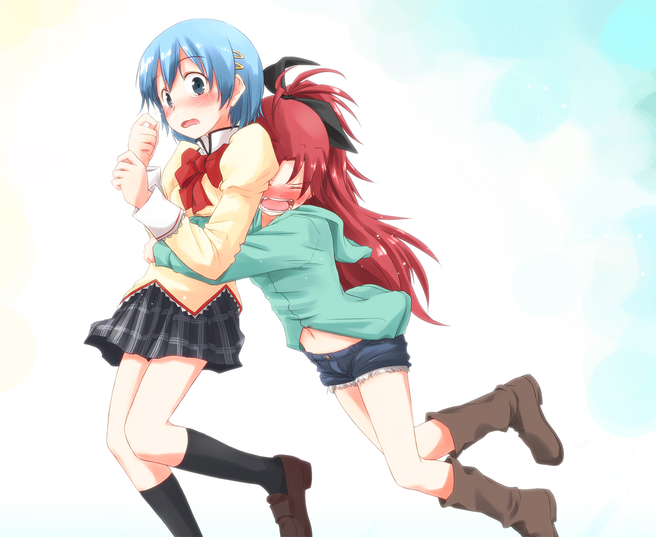 blue_hair, mahou_shoujo_madoka_magica, miki_sayaka, red_hair, sakura_kyouko, school_uniform, tatsuno_ryou
