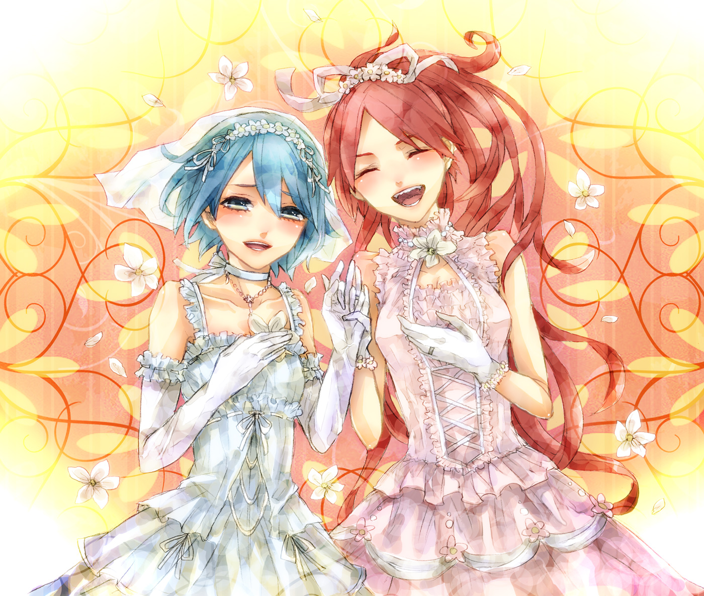 2girls, dress, flowers, mahou_shoujo_madoka_magica, miki_sayaka, petals, pipipiosuke, red_hair