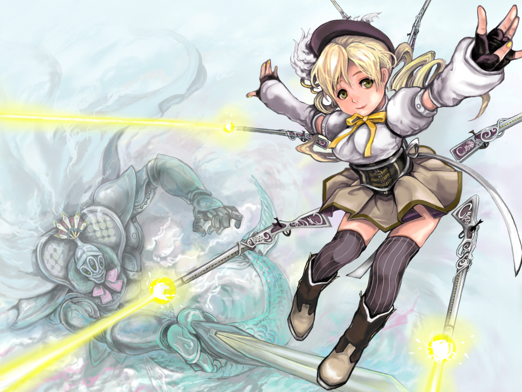 blonde_hair, chinchira, gun, mahou_shoujo_madoka_magica, miki_sayaka, thighhighs, tomoe_mami, weapon