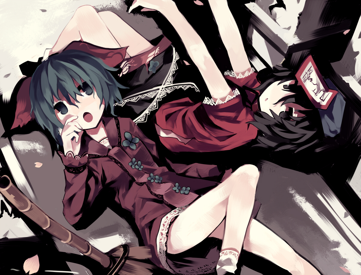 2girls, animal_ears, govurin, kasodani_kyouko, miyako_yoshika, petals, touhou