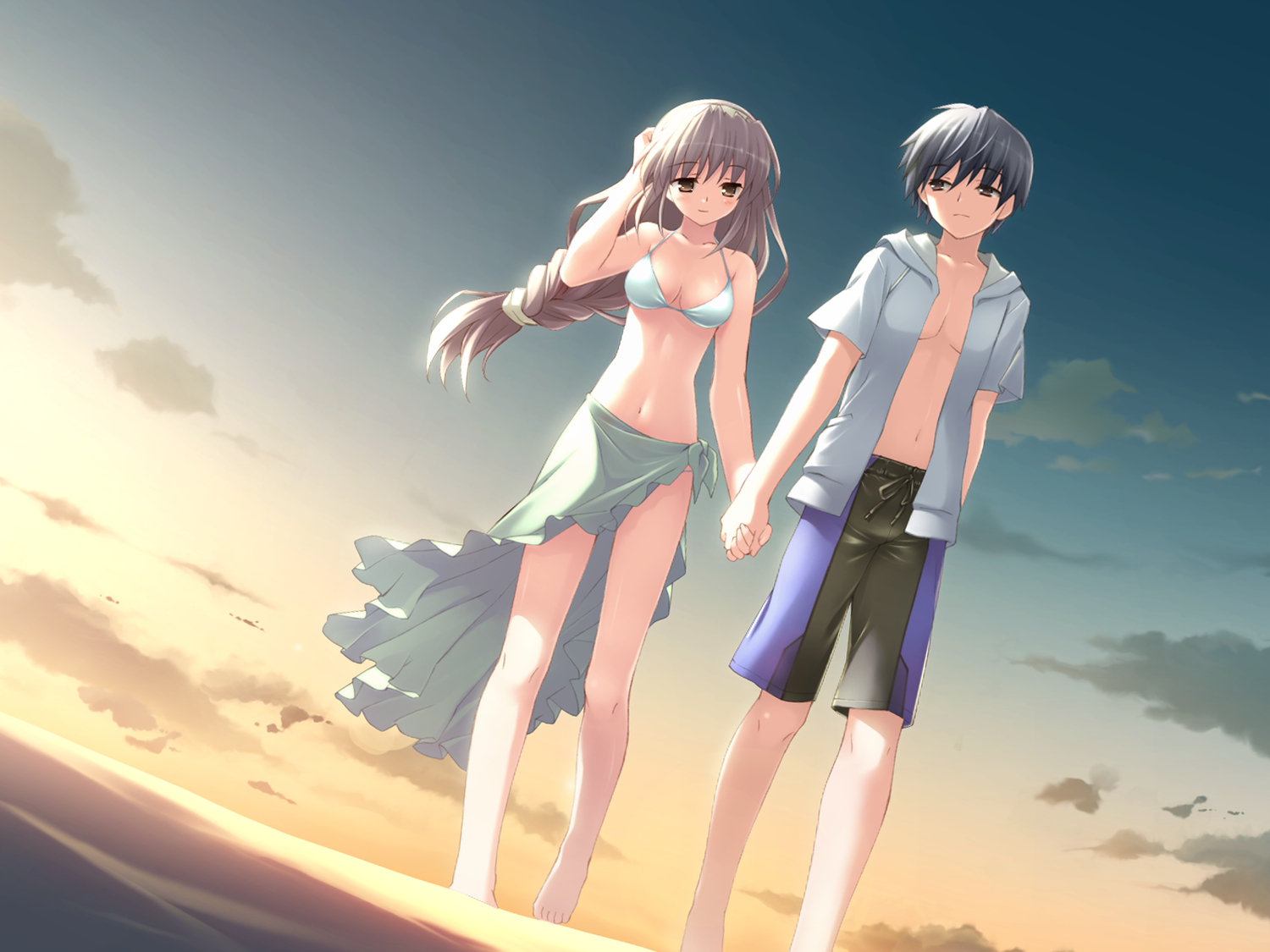 beach, bikini, brown_eyes, clouds, cube, game_cg, gray_hair, kanekiyo_miwa