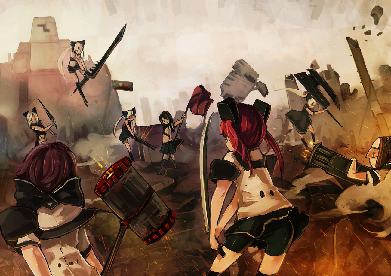 bow, gun, nekotewi, original, red_hair, sword, weapon